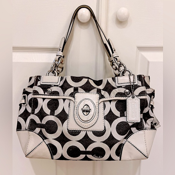 Authentic COACH Handbag| White with Brown Coach Cs iwith a Baby blue interior. - Picture 1 of 10
